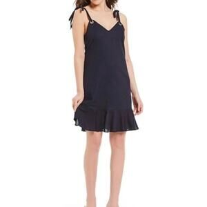 New GIANNI BINI Women's Navy Grommet Flounce Hemline Linen Blend Dress Size M